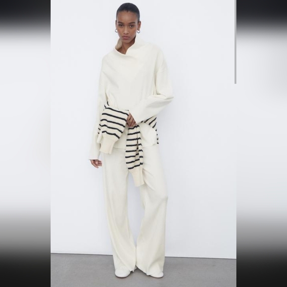 Zara Pants - Zara Cream Wide Leg Elastic Waist Ribbed Pants